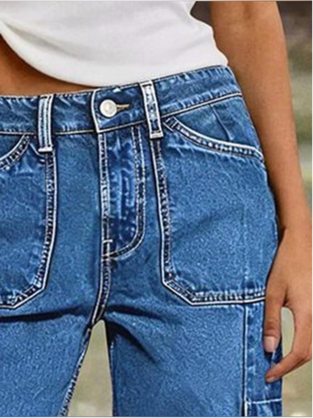 Flamingals Mid Waist Denim Bermuda Shorts Wash Pocket Side Knee Length Cargo - Picture 2 of 8